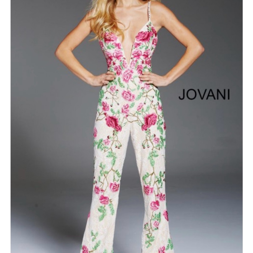 Jovani Pink and White Floral Jumpsuit with Wide-Leg Design